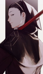 Rule 34 | 1boy, absurdres, alternate costume, black hair, capelet, carrying over shoulder, from behind, hair slicked back, hairband, highres, hood, hood up, hooded capelet, long sleeves, looking at viewer, male focus, nennen (pixiv14003276), parted lips, polearm, sideways glance, solo, upper body, weapon, world trigger, yoneya yousuke