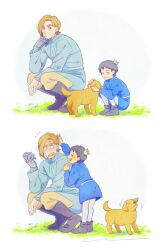Rule 34 | 2boys, ^ ^, black eyes, black hair, blonde hair, blue shirt, blue tunic, blush, bojji, boots, cinema (cinema rok), closed eyes, closed mouth, commentary request, crown, dog, domas, embarrassed, flying sweatdrops, grass, grey footwear, hand up, head rest, headpat, highres, long sleeves, looking at another, male focus, mechanical arms, mini crown, multiple boys, nose blush, open mouth, ousama ranking, pants, puppy, sash, shirt, short hair, signature, simple background, single mechanical arm, smile, squatting, standing, sweatdrop, tail, tail wagging, tilted headwear, tunic, white background, white pants, white sash, wide-eyed, yellow pants