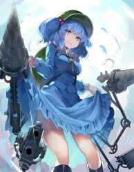 1girl blue_dress blue_eyes blue_hair breasts cabbie_hat commentary_request dress drill falken_(yutozin) feet_out_of_frame frilled_shirt_collar frills green_hat grin hair_bobbles hair_ornament hat highres kawashiro_nitori key long_sleeves looking_at_viewer medium_breasts photoshop_(medium) revision short_hair skirt_hold smile solo standing thighs touhou two_side_up