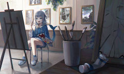 Rule 34 | 1girl, blue eyes, blue hair, blue hoodie, blush, canvas (object), collarbone, cup, fingerless gloves, fins, fish tail, gawr gura, gloves, grey hair, highres, holding, holding brush, holding paintbrush, holding palette, hololive, hololive english, hood, hood down, hoodie, indoors, light particles, long hair, multicolored hair, nekoreito, open mouth, paint, paint tube, paintbrush, painting (object), palette (object), plant, potted plant, shark girl, shark tail, sharp teeth, sitting, smile, solo, stitches, stool, streaked hair, tail, teeth, thighs, tile floor, tiles, upper teeth only, virtual youtuber, wide sleeves, zipper pull tab