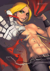 Rule 34 | 1boy, abs, ahoge, automail, bad id, bad pixiv id, belt, blonde hair, chain, cloak, edward elric, fiodo, fullmetal alchemist, looking at viewer, male focus, topless male, smile, solo, wristband, yellow eyes