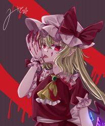Rule 34 | 1girl, ascot, blonde hair, blood, blood on clothes, blood on face, blood on hands, bow, commentary, crystal, eyelashes, fang, flandre day, flandre scarlet, green brooch, hat, hat bow, highres, licking, licking hand, looking at viewer, mito (fate), mob cap, multicolored wings, open mouth, pointy ears, red bow, red eyes, red vest, short sleeves, side ponytail, signature, sleeve bow, slit pupils, tongue, tongue out, touhou, vampire, vest, white bow, white hat, wings, yellow ascot
