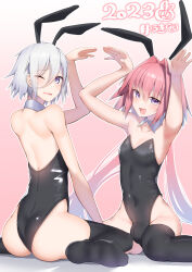 Rule 34 | 2023, 2boys, :d, alternate costume, animal ears, armpits, ass, astolfo (fate), black leotard, black thighhighs, commentary request, covered navel, fake animal ears, fate/grand order, fate (series), gradient background, hair between eyes, highres, kitajima yuuki, leotard, long hair, looking at viewer, male focus, male playboy bunny, multiple boys, one eye closed, open mouth, pink background, pink hair, playboy bunny, prince of lan ling (fate), purple eyes, rabbit ears, short hair, sitting, smile, thighhighs, trap, white eyes