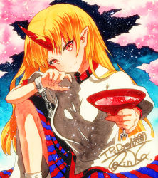 Rule 34 | 1girl, bad id, bad pixiv id, blue skirt, breasts, chain, closed mouth, cuffs, cup, head tilt, horns, hoshiguma yuugi, long hair, looking at viewer, medium breasts, multicolored clothes, multicolored skirt, orange hair, pointy ears, puffy short sleeves, puffy sleeves, qqqrinkappp, red eyes, red skirt, sakazuki, shackles, shikishi, shirt, short sleeves, signature, single horn, skirt, solo, striped clothes, striped skirt, touhou, traditional media, vertical-striped clothes, vertical-striped skirt, white shirt