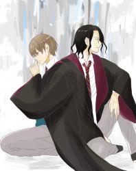 Rule 34 | 2boys, black hair, black robe, brown hair, closed mouth, collar, earrings, facial scar, harry potter (series), highres, hogwarts school uniform, jewelry, looking down, looking to the side, male focus, medium hair, multiple boys, necktie, parted lips, profile, remus lupin, robe, scar, scar on cheek, scar on face, scar on hand, school uniform, short hair, sirius black, sitting, striped necktie, striped neckwear, uniform, wing collar, wizarding world