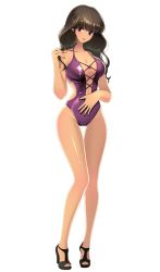 Rule 34 | 1girl, black footwear, black hair, breasts, brown eyes, casual one-piece swimsuit, cleavage, collarbone, drift girls, full body, head tilt, high heels, highres, hion (drift girls), large breasts, long hair, looking at viewer, official art, one-piece swimsuit, purple one-piece swimsuit, shiny clothes, shiny skin, shoes, simple background, solo, swimsuit, white background