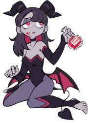 Rule 34 | 1girl, bags under eyes, bare shoulders, black choker, black hair, black leotard, breasts, choker, cleavage, colored inner hair, colored skin, curled horns, demon girl, demon horns, demon tail, detached sleeves, grey pantyhose, grey skin, highres, holding, horns, leotard, long sleeves, lovesick succubus (sui (suizilla)), low wings, medium breasts, multicolored hair, original, pantyhose, parted lips, simple background, sitting, solo, stirrup legwear, sui (suizilla), tail, toeless legwear, vial, wariza, white background, wings