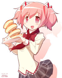 Rule 34 | 1girl, :d, black skirt, character doll, chauke, clothes lift, dot nose, food, hair ribbon, hands up, happy, holding, holding plate, juliet sleeves, kaname madoka, kyubey, light blush, long sleeves, looking at viewer, mahou shoujo madoka magica, mahou shoujo madoka magica (anime), mitakihara school uniform, neck ribbon, neckerchief, open mouth, pastry, pink eyes, pink hair, plaid, plaid skirt, plate, pleated skirt, puffy sleeves, red ribbon, ribbon, school uniform, shadow, simple background, skirt, skirt lift, smile, solo, tareme, twintails, uniform, white background