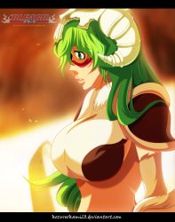 Rule 34 | 1girl, anime coloring, armor, arrancar, bad id, bad pixiv id, barefoot, bleach, blood, breasts, facial mark, fighting stance, green hair, highres, kozureokami20, large breasts, looking away, nelliel tu odelschwanck, oekaki, outstretched arm, parted lips, self-upload, serious, solo, sword, torn clothes, weapon