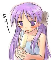 Rule 34 | 00s, 1girl, blush, collarbone, food, hiiragi kagami, long hair, lucky star, popsicle, purple eyes, purple hair, simple background, sketch, solo, tongue, tongue out, upper body, white background, yuki mashiro