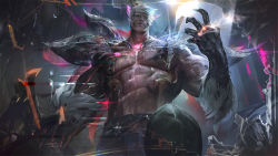 Rule 34 | 1boy, abs, absurdres, armor, closed mouth, fur trim, grey hair, hand up, highres, holding, league of legends, looking at viewer, muscular, muscular male, one eye closed, pants, rain, scar, scar across eye, sett (league of legends), short hair, shoulder armor, solo, wutu (1183238220)