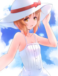 Rule 34 | 10s, 1girl, alternate costume, bare shoulders, blue sky, breasts, brown eyes, brown hair, cleavage, cloud, cowboy shot, day, girls und panzer, girls und panzer ribbon no musha, hat, holding, holding hat, kurose yuuki, looking at viewer, nishizumi miho, open mouth, sky, small breasts, smile, solo, upper body