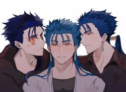 Rule 34 | 3boys, alternate costume, anger vein, angry, beads, blue hair, blush, closed mouth, collared shirt, contemporary, cu chulainn (caster) (fate), cu chulainn (fate), cu chulainn (fate) (all), cu chulainn (fate/stay night), cu chulainn alter (fate), cu chulainn alter (fate/grand order), dark blue hair, dark persona, eye contact, facepaint, fate/grand order, fate/stay night, fate (series), grin, hair beads, hair ornament, highres, hood, hood down, hoodie, lancer, long hair, looking at another, looking to the side, male focus, multiple boys, multiple persona, multiple piercings, ponytail, red eyes, shirt, short hair, shy, simple background, skin tight, smile, spiked hair, taratotati, wavy mouth, white background
