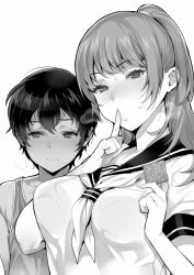 1boy 1girl age_difference blush breasts closed_mouth commentary_request condom dark-skinned_male dark_skin finger_to_mouth greyscale highres holding holding_condom inari_(inariya) large_breasts long_hair looking_at_viewer monochrome neckerchief onee-shota original sailor_collar school_uniform serafuku short_hair shushing simple_background sweat tank_top upper_body white_background