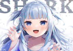 Rule 34 | 1girl, :d, absurdres, air bubble, amahara pekozaemon, text background, blue eyes, blue nails, blunt bangs, blush, bubble, claw pose, collarbone, english text, gawr gura, highres, hololive, hololive english, holomyth, long hair, looking at viewer, nail polish, open mouth, portrait, sharp teeth, silver hair, smile, solo, teeth, two side up, underwater, upper teeth only, virtual youtuber