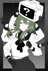 Rule 34 | 1girl, ?, alternate eye color, closed mouth, crt, echo (vocaloid), extra arms, frown, gloves, green hair, grey eyes, gumi, hair between eyes, highres, holding television, looking at viewer, monochrome, pleated skirt, ruto ruuuu, school uniform, serafuku, short hair, skirt, solo, spot color, tareme, vocaloid