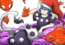 Rule 34 | 1girl, bad id, bad twitter id, blue eyes, blue hair, doremy sweet, dream soul, dress, female focus, fish, goldfish, hat, kankan33333, lying, matching hair/eyes, nightcap, one-hour drawing challenge, pom pom (clothes), short hair, smile, solo, tail, tapir tail, touhou, underwater, white background