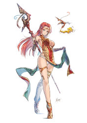 Rule 34 | 1girl, bare shoulders, blue eyes, blush, breasts, breath weapon, breathing fire, circlet, closed mouth, dragon, earrings, fantasy, fire, gloves, highres, holding, holding polearm, holding spear, holding weapon, hoop earrings, jewelry, kazeno, lifted by self, light blush, long hair, mole, mole on breast, orange hair, original, panties, pantyshot, pink lips, polearm, signature, simple background, single thighhigh, spear, thighhighs, turtleneck, underwear, weapon, white background, white gloves, white panties, white thighhighs