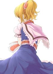 Rule 34 | 1girl, alice margatroid, alternate hairstyle, blue eyes, capelet, darjeeling (reley), from behind, highres, ponytail, sash, solo, touhou, white background