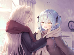 Rule 34 | 2girls, :d, ahoge, animal ears, black bow, black coat, black gloves, blue hair, blurry, blurry background, blush, bow, brown coat, coat, crossed bangs, curtains, duffel coat, elf, eye contact, gloves, hair bow, harutari, heart, heart ahoge, hololive, indoors, leaning forward, lion ears, lion girl, long hair, looking at another, multiple girls, open mouth, pointy ears, red scarf, scarf, shishiro botan, sidelocks, silver hair, smile, twintails, upper body, virtual youtuber, white scarf, window, yukihana lamy