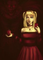 Rule 34 | 1girl, amane misa, ann orlova, apple, blonde hair, cellphone, choker, cross, death note, detached sleeves, dress, earrings, food, fruit, iphone, jewelry, lipstick, makeup, nail polish, necklace, orange eyes, phone, red dress, red lips, ryuk, sharp teeth, shinigami, short twintails, smartphone, solo, strapless, strapless dress, striped clothes, striped dress, teeth, twintails, two side up
