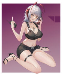 Rule 34 | 1girl, :d, absurdres, antennae, arknights, bare arms, bare shoulders, black footwear, black shorts, breasts, cleavage, commentary request, crop top, grey hair, hands up, high heels, highres, holding, horns, large breasts, lingdu han, looking at viewer, midriff, navel, open mouth, short hair, short shorts, shorts, sitting, smile, solo, stomach, thighs, w (arknights), wariza, yellow eyes