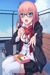 Rule 34 | 1girl, act (xadachit), bag, bento, black jacket, black skirt, blue sky, chopsticks, commentary, day, fence, food, girls&#039; frontline, glasses, hair ornament, highres, holding, holding chopsticks, incoming food, jacket, long hair, looking at viewer, miniskirt, multicolored hair, open clothes, open jacket, open mouth, outdoors, pink hair, red scarf, scarf, school uniform, shirt, sitting, skirt, sky, solo, st ar-15 (girls&#039; frontline), streaked hair, thighhighs, white shirt, white thighhighs