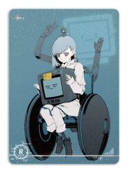 Rule 34 | 1girl, artificial legs, artist request, blue background, blue eyes, blue hair, blue theme, bob cut, bright pupils, cable, character name, chinese text, commentary, crt, cytus, cytus ii, english text, expressionless, frown, full body, game cg, hair ornament, hairclip, holding, jitome, looking at viewer, looking to the side, mechanical arms, monitor, nora (cytus), object on head, official art, pajamas, prosthesis, prosthetic leg, robo head (cytus), robot, short hair, sitting, solo, sprout on head, sticky note, technology, third-party source, trading card, translated, transparent background, v, wheelchair, white pajamas, white pupils