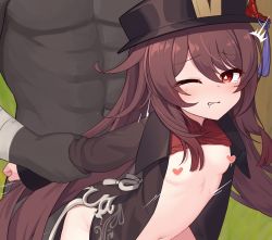 Rule 34 | 1boy, 1girl, abs, arched back, arm grab, arms behind back, blush, brown hair, clothes lift, dark-skinned male, dark skin, drooling, flat chest, genshin impact, grabbing, grabbing from behind, hat, highres, hip vent, hu tao (genshin impact), interracial, lip biting, long hair, looking at viewer, motion lines, navel, one eye closed, open clothes, red eyes, sex, sex from behind, shirt lift, silver coin, size difference, standing, standing sex, tearing up, tears, teeth