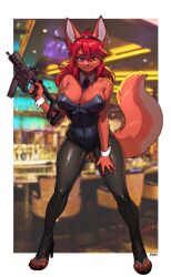 Rule 34 | 1girl, :3, absurdres, animal ears, blue eyes, breasts, claws, cleavage, covered navel, detached collar, diadem, fang, fox ears, fox girl, fox tail, furry, furry female, gun, heterochromia, high heels, highres, kriss vector, large breasts, leotard, necktie, orange fur, original, pantyhose, pgm300, playboy bunny, red eyes, smile, solo, strapless, strapless leotard, submachine gun, tail, v-shaped eyebrows, weapon, wing collar, wrist cuffs