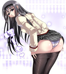 Rule 34 | 10s, 1girl, akemi homura, ass, bad id, bad pixiv id, bent over, black hair, black pantyhose, blue eyes, clothes pull, hairband, heart, highres, homu, long hair, looking back, mahou shoujo madoka magica, mahou shoujo madoka magica (anime), panties, pantyhose, pantyhose pull, ren san, school uniform, skirt, solo, striped clothes, striped panties, underwear, undressing