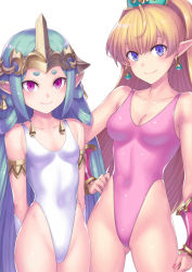 Rule 34 | 2girls, ahoge, arm at side, arm guards, armlet, arms behind back, blonde hair, blue hair, blush, breasts, closed mouth, competition swimsuit, covered navel, cowboy shot, earrings, gluteal fold, hai (h81908190), hand on own hip, headpiece, highleg, highleg swimsuit, jewelry, long hair, looking at viewer, luca (seiken densetsu), medium hair, multicolored hair, multiple girls, nail polish, one-piece swimsuit, pink eyes, pink hair, pink nails, pink one-piece swimsuit, pointy ears, primm (seiken densetsu 2), purple eyes, ringed eyes, seiken densetsu, seiken densetsu 2, shiny skin, sidelocks, skin tight, small breasts, smile, standing, straight hair, swimsuit, thighs, two-tone hair, very long hair, white one-piece swimsuit