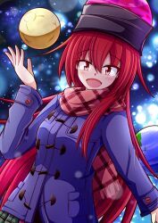 Rule 34 | 1girl, :d, alternate costume, aospanking, blush, coat, commentary request, duffel coat, earth (ornament), hecatia lapislazuli, highres, long hair, looking at viewer, moon (ornament), open mouth, plaid, plaid scarf, red eyes, red hair, scarf, smile, solo, touhou, very long hair, winter clothes, winter coat