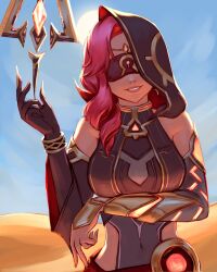 Rule 34 | 1girl, arm guards, blindfold, blue sky, breasts, circlet, commentary, covered navel, desert, detached sleeves, drill hair, elbow gloves, eremite scorching loremaster (genshin impact), genshin impact, gloves, highres, hip vent, hood, large breasts, parted lips, pink hair, ronillust, sand, single arm guard, single elbow glove, sky, smile, solo, sun, upper body