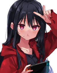 Rule 34 | 1girl, absurdres, arm up, black hair, black shirt, blush, braid, closed mouth, collarbone, controller, game controller, genderswap, genderswap (mtf), hair between eyes, hair strand, hand up, highres, holding, holding controller, holding game controller, jacket, kurimochi chizuru, long hair, looking at viewer, nintendo, nintendo switch, open clothes, open jacket, original, pout, red eyes, red jacket, shirt, sidelocks, solo, sweat, upper body, v, white background