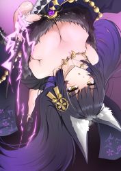Rule 34 | 1girl, absurdres, animal ear fluff, animal ears, azur lane, black hair, breasts, clog sandals, fox ears, fur trim, hair ornament, highres, holding, holding sword, holding weapon, japanese clothes, jewelry, large breasts, lightning, looking at viewer, magatama, magatama necklace, musashi (azur lane), necklace, okobo, sandals, solo, solo focus, sword, upside-down, weapon, yellow eyes, yukkurimikan