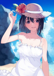 Rule 34 | 1girl, :d, arm up, armpits, beach, black hair, blue eyes, blue sky, blush, breasts, cleavage, cloud, collarbone, day, dress, flower, hair between eyes, hat, hat flower, hibiscus, looking at viewer, off shoulder, open mouth, original, outdoors, sand, shore, short hair, sky, sleeveless, sleeveless dress, smile, solo, strap slip, straw hat, summer, sundress, sweatdrop, umiko (munemiu), upper body, white dress