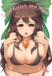 Rule 34 | 1girl, areola slip, bare shoulders, black bra, black panties, bow, bra, breasts, brown hair, cleavage, collarbone, commentary request, cowboy shot, double-parted bangs, english text, engrish text, green bow, hair bow, hair over breasts, hands on own chest, large breasts, leaning forward, long hair, looking at viewer, motion lines, navel, open mouth, oruka (kamituki0827), panties, ranguage, red eyes, reiuji utsuho, shiny skin, sidelocks, solo, standing, tearing up, teeth, third eye, third eye on chest, tongue, touhou, undersized clothes, underwear, underwear only, upper teeth only, very long hair, watermark, white background