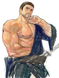 Rule 34 | 123456dyom, 1boy, abs, absurdres, alternate weapon, arm hair, bara, bare pectorals, beard stubble, chest hair, chris redfield, facial hair, hadanugi dousa, hairy, highres, japanese clothes, kimono, large pectorals, looking at viewer, male focus, mature male, muscular, muscular male, mustache stubble, navel hair, nipples, open clothes, open kimono, pectorals, resident evil, short hair, sideburns stubble, sketch, solo, stubble, thick eyebrows, weapon