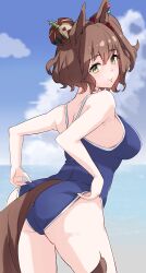 Rule 34 | 1girl, absurdres, animal ears, ass, aston machan (umamusume), beach, blue one-piece swimsuit, blue sky, breasts, brown hair, closed mouth, cloud, cloudy sky, commentary request, competition school swimsuit, competition swimsuit, cowboy shot, crown, from behind, green eyes, hair between eyes, harukazetabiji, highres, horse ears, horse girl, horse tail, large breasts, looking at viewer, looking back, medium hair, ocean, one-piece swimsuit, outdoors, ponytail, school swimsuit, sky, smile, solo, swimsuit, tail, tilted headwear, tracen swimsuit, umamusume, water