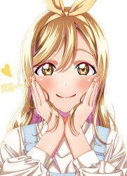 Rule 34 | 1girl, blush, brown hair, commentary request, hair ribbon, hands on own cheeks, hands on own face, heart, highres, kunikida hanamaru, long hair, long sleeves, looking at viewer, love live!, love live! sunshine!!, ojyomu, overalls, ribbon, shirt, simple background, smile, solo, translation request, upper body, white background, white shirt, yellow eyes