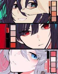 Rule 34 | 1boy, 2girls, aqua eyes, black hair, close-up, closed mouth, faust (project moon), highres, hong lu (project moon), limbus company, looking at viewer, makeup, multiple girls, parted lips, project moon, red eyes, ryoshu (project moon), short hair, smile, white hair, yakumineg1