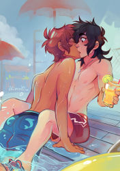 Rule 34 | 2boys, abs, adam&#039;s apple, ahoge, artist name, bare shoulders, black hair, blush, brown hair, collarbone, couple, cup, drinking glass, drinking straw, closed eyes, food, fruit, highres, hyakujuu-ou golion, ikimaru, jewelry, keith (voltron), kiss, lance (voltron), lemon, lemon slice, looking at another, multiple boys, necklace, nipples, pale skin, pool, surprise kiss, surprised, swimsuit, tan, toned, topless, umbrella, water, watermark, wet, yaoi