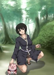 Rule 34 | 1girl, black eyes, black hair, black kimono, blush, blush stickers, bodysuit, creature, fishnet bodysuit, fishnets, forest, full body, hand on another&#039;s head, highres, japanese clothes, jewelry, kimono, looking at viewer, magellan (urumi0107), matching hair/eyes, naruto, naruto (series), nature, necklace, on one knee, outdoors, pet, pig, sandals, shizune (naruto), short hair, smile, squatting, tonton (naruto), tree