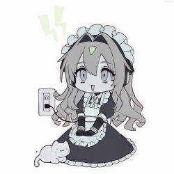 Rule 34 | 1girl, :d, android, apron, black dress, cat, charger, chibi, chibi only, dress, electrical outlet, eyelashes, frilled apron, frilled dress, frills, grey eyes, grey hair, hair between eyes, hair intakes, hands on lap, headphones, highres, lightning bolt symbol, long dress, long hair, maid, maid headdress, open mouth, original, own hands together, sidelocks, sitting, smile, solo, white apron, yoineya