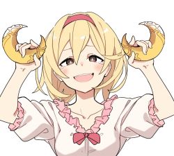 Rule 34 | 1girl, blonde hair, blush, crescent, crying, crying with eyes open, djeeta (granblue fantasy), dress, fighter (granblue fantasy), granblue fantasy, hairband, highres, mikokomiyazawa, open mouth, portrait, short hair, simple background, solo, tears, white background