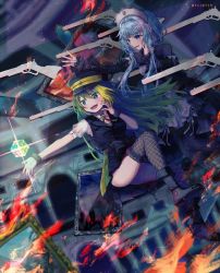Rule 34 | 2girls, :d, alina gray, blue hair, cube, fire, fishnet thighhighs, fishnets, floating, floating object, floating weapon, green hair, gun, hat, highres, long hair, magia record: mahou shoujo madoka magica gaiden, magical girl, mahou shoujo madoka magica, midair, multiple girls, open mouth, painting (object), sena mikoto, smile, thighhighs, totte, weapon