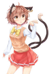 Rule 34 | 1girl, absurdres, ahoge, akiteru (akiteru98), alternate costume, animal ear fluff, animal ears, blush, bow, bowtie, breasts, brown eyes, brown hair, brown vest, cat ears, cat tail, chen, commentary, cowboy shot, earrings, hair between eyes, hand up, highres, jewelry, long sleeves, looking at viewer, miniskirt, multiple tails, nekomata, no headwear, parted lips, paw pose, pleated skirt, red skirt, shirt, short hair, simple background, skirt, sleeves past wrists, small breasts, solo, standing, sweater vest, tail, thighs, touhou, two tails, vest, white background, white shirt, yellow bow, yellow bowtie