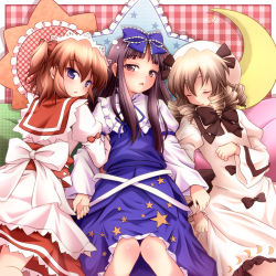 Rule 34 | 3girls, blonde hair, blue eyes, brown eyes, brown hair, crescent, crescent moon, drill hair, female focus, frilled pillow, frills, hat, long hair, luna child, moon, multiple girls, pillow, short hair, star (symbol), star sapphire, sui. (ayase), sunny milk, touhou, wings