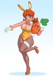 Rule 34 | 1girl, absurdres, animal ears, blue eyes, breasts, brown hair, crown, detached collar, earrings, fake animal ears, flower earrings, gloves, highres, jewelry, large breasts, leotard, long hair, looking at viewer, mario (series), nintendo, playboy bunny, princess daisy, rabbit ears, riz, smile, solo, strapless, strapless leotard, white gloves